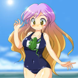 Rule 34 | 1girl, bad id, bad pixiv id, beach, blonde hair, blue one-piece swimsuit, blurry, blush, body blush, breasts, cloud, collarbone, covered navel, cowboy shot, day, depth of field, embarrassed, frog, gradient hair, hand up, hijiri byakuren, large breasts, long hair, looking down, marisa to alice no cookie storia, multicolored hair, navel, ocean, one-piece swimsuit, orange hair, outdoors, pink hair, purple hair, school swimsuit, shiny clothes, shiny skin, sky, solo, standing, sun, swimsuit, touhou, very long hair, water, wavy mouth, wide-eyed, winn, yellow eyes
