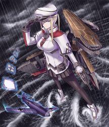 Rule 34 | 10s, 1girl, aircraft, airplane, anchor choker, arm cannon, arm up, black gloves, black pantyhose, black ribbon, black skirt, blonde hair, blue eyes, breasts, cannon, capelet, card, closed mouth, cloud, cloudy sky, cross, expressionless, flight deck, flying, full body, gloves, glowing, graf zeppelin (kancolle), half-closed eyes, hand on headwear, hat, highres, iron cross, kantai collection, large breasts, long hair, looking at viewer, machinery, miniskirt, motion blur, necktie, ocean, outdoors, pantyhose, peaked cap, pleated skirt, propeller, rain, red necktie, ribbon, shaded face, shao (newton), shirt, sidelocks, single glove, skirt, sky, solo, splashing, standing, standing on liquid, turret, twintails, underbust, water, weapon, white hat, white shirt