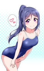 Rule 34 | 1girl, bare legs, bare shoulders, blue hair, blush, breasts, collarbone, competition school swimsuit, hair between eyes, halftone, heart, highres, large breasts, leaning forward, looking at viewer, love live!, love live! school idol festival, love live! sunshine!!, matsuura kanan, one-piece swimsuit, polka dot, polka dot background, ponytail, purple eyes, school swimsuit, smile, solo, speech bubble, swimsuit, yopparai oni