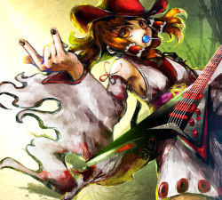 Rule 34 | 1girl, \m/, alternate costume, bad id, bad pixiv id, black nails, brown eyes, brown hair, candy, cowboy hat, cowboy western, detached sleeves, electric guitar, female focus, food, gibson flying v, guitar, hakurei reimu, hat, instrument, inuboe, japanese clothes, lollipop, miko, mouth hold, nail polish, solo, touhou