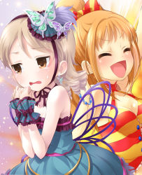 Rule 34 | 10s, 2girls, bow, breasts, bug, butterfly, butterfly wings, cleavage, closed eyes, collarbone, drill hair, earrings, frills, hair bow, hair ornament, hino akane (idolmaster), idolmaster, idolmaster cinderella girls, insect, insect wings, jewelry, long hair, medium breasts, morikubo nono, multiple girls, open mouth, orange hair, ponytail, short hair, silver hair, sleeveless, small breasts, tears, tilm, wings, wrist cuffs, yellow eyes