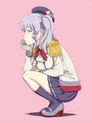 Rule 34 | 1girl, blue eyes, blue footwear, blue hair, blue skirt, head rest, collared shirt, epaulettes, frilled sleeves, frills, from side, full body, gloves, grey footwear, grey gloves, grey jacket, grey shirt, hat, high heels, ishii hisao, jacket, kantai collection, kashima (kancolle), long sleeves, neckerchief, parted lips, pink background, pleated skirt, profile, shirt, shoes, simple background, skirt, solo, squatting, twintails, wing collar
