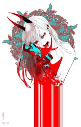 Rule 34 | 1girl, artist request, blood, chainsaw man, claws, horns, long hair, looking to the side, open mouth, portrait, power (chainsaw man), red eyes, sharp teeth, spot color, teeth, white background