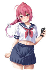 Rule 34 | 1girl, alternate costume, blue sailor collar, blue skirt, blush, breasts, cellphone, collarbone, cowboy shot, ebifurya, hair between eyes, hair ribbon, highres, i-168 (kancolle), kantai collection, long hair, looking at viewer, navel, neckerchief, necktie, one-hour drawing challenge, phone, ponytail, red hair, red necktie, ribbon, sailor collar, school uniform, serafuku, shirt, short sleeves, simple background, skirt, small breasts, smartphone, smile, solo, twitter username, white background, white shirt
