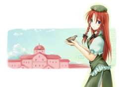 Rule 34 | 1girl, bird, blue eyes, blush, bow, braid, china dress, chinese clothes, dress, female focus, hair bow, hat, hirono, hong meiling, long hair, red hair, scarlet devil mansion, solo, star (symbol), embodiment of scarlet devil, touhou, twin braids