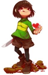 Rule 34 | :q, androgynous, ankle boots, bad id, bad pixiv id, blush stickers, boots, brown hair, chara (undertale), cotton ball, dummy, full body, gender request, heart, highres, knife, kumauwo, leggings, mad dummy (undertale), pantyhose, red eyes, sharp teeth, shirt, shorts, simple background, striped clothes, striped shirt, teeth, tongue, tongue out, undertale, white background
