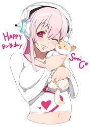 Rule 34 | 1girl, breasts, cat, happy birthday, headphones, jewelry, large breasts, long hair, miyamoto issa, necklace, nitroplus, one eye closed, pink eyes, pink hair, simple background, solo, super sonico, sweater, wink