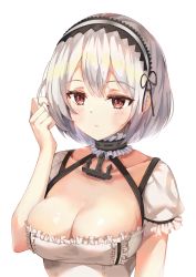 Rule 34 | 1girl, anchor choker, azur lane, bad id, bad pixiv id, black dress, black ribbon, blush, breasts, choker, cleavage, closed mouth, collarbone, dress, eyelashes, frilled choker, frilled sleeves, frills, hair between eyes, hair intakes, twirling hair, hairband, hand up, highres, lace-trimmed hairband, lace trim, looking away, medium breasts, nail polish, pink nails, puffy short sleeves, puffy sleeves, red eyes, ribbon, sena122773, shiny skin, short hair, short sleeves, silver hair, simple background, sirius (azur lane), solo, two-tone dress, upper body, white background, white dress, white frills