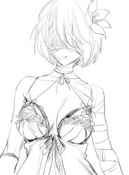 Rule 34 | 1girl, arm wrap, arms at sides, breasts, choker, closed mouth, covered eyes, facing viewer, flower, greyscale, hair flower, hair ornament, lingerie, medium breasts, mellow rag, mole, mole under mouth, monochrome, nier:automata, nier (series), short hair, simple background, solo, swept bangs, underwear, white background, 2b (nier:automata)