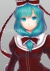 Rule 34 | 1girl, aqua eyes, aqua hair, bow, commentary request, dress, frills, front ponytail, grey background, hair bow, hair ribbon, juliet sleeves, kageharu, kagiyama hina, long sleeves, looking at viewer, puffy sleeves, red dress, ribbon, sidelocks, simple background, smile, solo, touhou