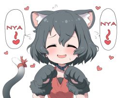 Rule 34 | 1girl, animal ear fluff, animal ears, animal hands, black hair, blush, cat ears, cat paws, cat tail, closed eyes, collar, fang, hard-translated, kaban (kemono friends), kemono friends, kemonomimi mode, nyan, paw pose, ransusan, short hair, solo, speech bubble, sweatdrop, tail, third-party edit, translated, white background