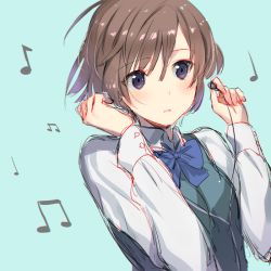 Rule 34 | 1girl, aqua background, beamed quaver, blush, bob cut, brown hair, collared shirt, crotchet, earphones, green background, hair between eyes, hands up, holding, listening to music, long sleeves, musical note, original, parted lips, purple eyes, quaver, shirt, short hair, simple background, sketch, solo, upper body, weee (raemz), white shirt