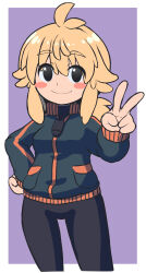 Rule 34 | 1girl, antenna hair, black eyes, black jacket, black pants, blonde hair, blush stickers, breasts, closed mouth, commentary request, hair between eyes, jacket, koshirae tsurugi (m.m), long hair, long sleeves, looking at viewer, low ponytail, m.m, original, pants, purple background, sleeves past wrists, small breasts, smile, solo, standing, thick eyebrows, track jacket, two-tone background, v, white background