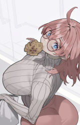 Rule 34 | 1girl, ahoge, ass, blue eyes, blush, breasts, commentary, food, glasses, highres, huge breasts, long sleeves, looking at viewer, looking to the side, mimyo, mouth hold, original, pants, pink-framed eyewear, pink hair, pink pants, ribbed sweater, round eyewear, solo, sweater, sweater tucked in, taiyaki, wagashi, white sweater