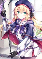 Rule 34 | 1girl, artoria caster (fate), artoria caster (second ascension) (fate), artoria pendragon (fate), beret, black pantyhose, blonde hair, blue hat, bow, breasts, cape, commentary, cowboy shot, dress, fate/grand order, fate (series), fukase ayaka, gloves, green eyes, hair between eyes, hat, holding, holding staff, indoors, long hair, long sleeves, looking at viewer, pantyhose, sidelocks, smile, solo, staff, twintails, window
