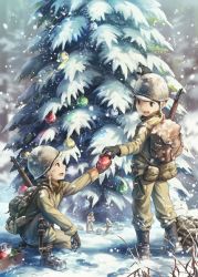 Rule 34 | 2boys, :d, backpack, bag, blurry, blurry background, breath, christmas, christmas ornaments, christmas tree, gloves, gun, helmet, male focus, multiple boys, noeyebrow (mauve), on one knee, open mouth, original, outdoors, rifle, smile, snow, snowing, soldier, weapon, winter, world war ii