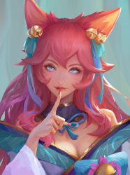 Rule 34 | 1girl, ahri (league of legends), animal ear fluff, animal ears, bad id, bad pixiv id, bare shoulders, bell, blue eyes, breasts, cleavage, closed mouth, eyeshadow, facial mark, finger to mouth, fingernails, fox ears, fox girl, hair bell, hair ornament, highres, japanese clothes, kimono, league of legends, long fingernails, long hair, makeup, nail polish, off shoulder, pink eyeshadow, pink hair, pink nails, sharp fingernails, smile, solo, spirit blossom ahri, upper body, very long fingernails, whisker markings, wifc