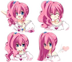 Rule 34 | 1girl, alternate hairstyle, angry, blue eyes, blush, bracelet, character sheet, dress, dual persona, expressions, closed eyes, frilled dress, frills, hair ornament, jewelry, long hair, my little pony, my little pony: friendship is magic, open mouth, personification, pink hair, pinkie pie, ponytail, pout, ring, sakurano ru, side ponytail, solo, tongue, white background