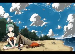 Rule 34 | 1girl, any (lucky denver mint), barefoot, beach, blue sky, bonfire, bow, brown eyes, cloud, crossed legs, day, fairy (kancolle), fish, fishing rod, full body, green bow, green hair, green skirt, hair bow, kantai collection, letterboxed, looking up, outdoors, pleated skirt, ponytail, school uniform, serafuku, short sleeves, sitting, skirt, sky, tent, yuubari (kancolle)