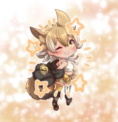Rule 34 | 1girl, animal ears, belt, blonde hair, boots, brown background, camisole, coroha, coyote (kemono friends), extra ears, full body, gloves, jacket, japari symbol, kemono friends, kemono friends v project, looking at viewer, looking back, one eye closed, short hair, simple background, skirt, solo, tail, thighhighs, virtual youtuber, wolf ears, wolf girl, wolf tail, yellow eyes