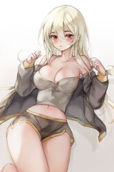 Rule 34 | 1girl, absurdres, bare shoulders, black jacket, black shorts, blush, breasts, cleavage, closed mouth, commission, expressionless, highres, jacket, large breasts, long hair, looking at viewer, midriff, navel, off shoulder, open clothes, open jacket, original, red eyes, rurufix, short shorts, shorts, simple background, solo, stomach, strap slip, tank top, white background, white hair, yellow trim