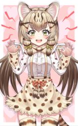 Rule 34 | 1girl, absurdres, animal ears, blonde hair, blush, breasts, brown hair, cat ears, cat girl, cat tail, fangs, geoffroy&#039;s cat (kemono friends), highres, kemono friends, long hair, looking at viewer, low twintails, medium breasts, multicolored hair, neukkom, open mouth, skirt, smile, solo, tail, thighhighs, tongue, twintails, yellow eyes