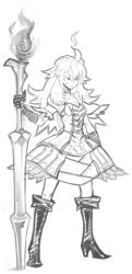 Rule 34 | 1girl, bare shoulders, boots, dress, fiery hair, flaming hair, gloves, greyscale, huge weapon, lance, long hair, masn (moxi), monochrome, original, planted, polearm, sketch, solo, weapon