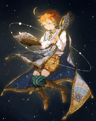 Rule 34 | 1girl, ahoge, boots, brown footwear, brown neckwear, brown shorts, closed eyes, closed mouth, emma (yakusoku no neverland), eugeboy zzzzz, full body, green thighhighs, highres, holding, knee boots, long sleeves, neck tattoo, number tattoo, orange hair, polka dot neckwear, short hair, short shorts, shorts, solo, striped clothes, striped thighhighs, sweater, tattoo, thighhighs, vertical-striped clothes, vertical-striped thighhighs, white sweater, yakusoku no neverland, zettai ryouiki