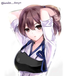 Rule 34 | 10s, 1girl, arms behind head, brown eyes, brown hair, japanese clothes, kaga (kancolle), kantai collection, looking at viewer, mafuyu (kanden shoujyo), muneate, open mouth, sadakofxe, short sleeves, side ponytail, simple background, solo, white background
