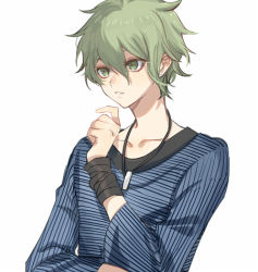 Rule 34 | 1boy, amami rantaro, arm up, black neckwear, blue shirt, collarbone, commentary request, danganronpa (series), danganronpa v3: killing harmony, ear piercing, green eyes, green hair, hair between eyes, heke, jewelry, loose clothes, lowres, male focus, messy hair, necklace, out of frame, piercing, shirt, short hair, simple background, solo, striped clothes, striped shirt, teeth, upper body, white background