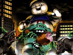 Rule 34 | animification, bad id, bad pixiv id, city, dog, food, ghost, ghostbusters, meat, monster, nekoixa, night, no humans, slimer, stay puft