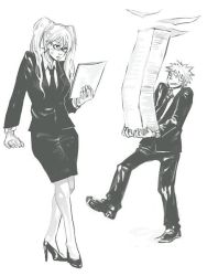 Rule 34 | 1boy, 1girl, alternate costume, arm support, artist request, balancing, breasts, business suit, carrying, clenched teeth, closed eyes, dress, expressionless, facial mark, formal, full body, genderswap, genderswap (mtf), glasses, hand up, high heels, holding, holding paper, jacket, large breasts, long hair, long sleeves, looking down, looking to the side, monochrome, naruko (naruto), naruto, naruto (series), necktie, pants, paper, paper stack, parted lips, pencil skirt, reading, shoes, short hair, simple background, skirt, spiked hair, standing, standing on one leg, suit, sweat, sweatdrop, teeth, twintails, uzumaki naruto, walking, whisker markings, whiskers, white background