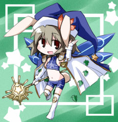 Rule 34 | 1girl, :d, animal ears, arm up, armor, armpits, bare shoulders, battle spirits, bike shorts, blush, boots, bridal gauntlets, cape, chibi, crop top, fake animal ears, fake tail, flat chest, full body, green background, grey hair, hair between eyes, halterneck, hat, high heels, holding, jester cap, kugelschreiber, leaf, leg lift, midriff, navel, neon trim, open mouth, pauldrons, rabbit ears, rabbit tail, red eyes, short hair, shoulder armor, sketch, smile, solo, standing, standing on one leg, star (symbol), star print, starry background, tail, the clownprincess trickster, thigh boots, thighhighs, turtleneck, white thighhighs, wings, zettai ryouiki