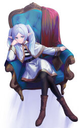 Rule 34 | 1girl, absurdres, belt, black belt, black pantyhose, book, capelet, chair, clenched hand, elf, frieren, green eyes, grey hair, hand on own cheek, hand on own face, highres, hiko (hiko224556), long hair, pantyhose, pointy ears, shirt, sitting, skirt, solo, sousou no frieren, striped clothes, striped shirt, twintails, white background, white capelet, white skirt