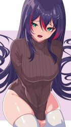 Rule 34 | 1girl, absurdres, alternate costume, aqua eyes, black hair, breasts, brown sweater, commentary, english commentary, highres, itsrice, large breasts, long hair, mika melatika, multicolored hair, nijisanji, nijisanji id, open mouth, red hair, solo, streaked hair, sweater, thighhighs, very long hair, virtual youtuber, white thighhighs