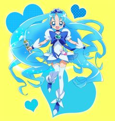 Rule 34 | 10s, 1girl, :d, aqua theme, bad id, bad pixiv id, blue eyes, blue hair, blue skirt, bow, brooch, cure marine, dress, flower tact, hair ornament, hairpin, happy, heart, heart background, heart brooch, heartcatch precure!, jewelry, kurumi erika, legs, long hair, maeashi, magical girl, matching hair/eyes, open mouth, precure, ribbon, shoes, skirt, smile, solo, sparkle, thighhighs, wand, white thighhighs, wrist cuffs, yellow background