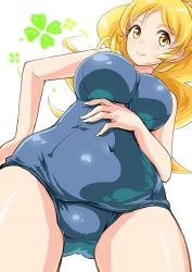 Rule 34 | 10s, 1girl, bad id, bad pixiv id, blonde hair, blue one-piece swimsuit, blush, breasts, closed mouth, clover, covered navel, cowboy shot, crotch, cure honey, dutch angle, female focus, fingernails, foreshortening, four-leaf clover, from below, hand on own hip, hand on own stomach, happinesscharge precure!, high ponytail, highres, hip focus, large breasts, legs apart, light smile, long fingernails, long hair, looking at viewer, magical girl, old school swimsuit, one-piece swimsuit, oomori yuuko, parted bangs, ponytail, precure, school swimsuit, sidelocks, simple background, smile, solo, standing, swimsuit, takeashiro, wavy hair, white background, yellow eyes