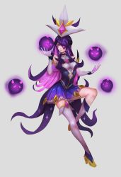 Rule 34 | 1girl, alternate costume, alternate hair color, alternate hairstyle, boots, elbow gloves, energy ball, familiar, forehead protector, gloves, high heel boots, high heels, highres, league of legends, long hair, magical girl, purple eyes, purple hair, skirt, solo, star (symbol), star guardian (league of legends), star guardian syndra, syndra, thigh boots, thighhighs