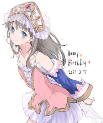 Rule 34 | 1girl, atelier (series), atelier totori, bare shoulders, blue eyes, blue sleeves, brown hair, closed mouth, dated, detached sleeves, dress, hair ornament, hat, headdress, highres, long hair, looking at viewer, maromi (am97), see-through, simple background, skirt, smile, solo, totooria helmold, white background