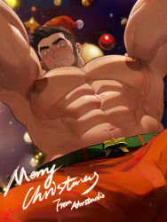 Rule 34 | 1boy, abs, armpit hair, armpit peek, armpit stubble, bara, beard, blush, bulge, christmas, crotch, facial hair, feet out of frame, from below, full beard, hat, huge pectorals, large areolae, male focus, masayoshi togashi (alu379), merry christmas, muscular, muscular male, nipples, original, outstretched arms, pectorals, red hat, santa costume, santa hat, short hair, solo, sparse chest hair, strongman waist, sweat, thick eyebrows, thick thighs, thighs, topless male, very sweaty