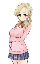 Rule 34 | 1girl, alternate costume, alternate hairstyle, asymmetrical bangs, black skirt, blonde hair, bow, bowtie, brown eyes, cardigan, closed mouth, commentary, cowboy shot, dress shirt, girls und panzer, hair over shoulder, hairband, highres, looking at viewer, low twintails, medium hair, miniskirt, nasunael, pink cardigan, plaid, plaid skirt, pleated skirt, red bow, red bowtie, sasaki akebi, school uniform, shirt, simple background, skirt, smile, solo, standing, twintails, white background, white hairband, white shirt, wing collar