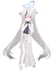 Rule 34 | 1girl, animal ear fluff, animal ears, blue archive, clothing request, commentary request, full body, gradient hair, grey hair, hair between eyes, halo, hands up, highres, kokona (blue archive), long hair, long sleeves, looking at viewer, multicolored hair, parted lips, red eyes, sandals, see-through, see-through shirt, shirt, simple background, sleeves past wrists, solo, standing, streaked hair, urotsuki (2013.04), very long hair, white background, white shirt