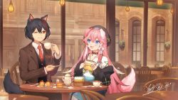 Rule 34 | 1boy, 1girl, animal ears, beret, black hair, blue eyes, cup, dog boy, dog ears, dog girl, dog tail, food, food request, hair between eyes, hat, highres, indie virtual youtuber, indoors, long hair, merry (vtuber), pink hair, plate, pudding, red eyes, second-party source, tagme, tail, teacup, teapot, very long hair, virtual youtuber, yuniiho, yuniiho (vtuber)