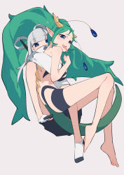 Rule 34 | 2girls, bare shoulders, barefoot, blue eyes, blue gemstone, blunt bangs, bobby pin, commission, dragon, dragon girl, dragon horns, forked tongue, gem, green hair, grey background, grey hair, highres, horns, hug, hug from behind, long hair, looking at another, multiple girls, open mouth, simple background, skeb commission, socks, teeth, tissuebox (artist), tongue, tongue out, upper teeth only, very long hair, white socks, yellow horns, zipper, zipper pull tab
