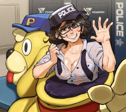 Rule 34 | 1girl, artist request, astral chain, breasts, brown hair, cleavage, collarbone, commentary, dog, english commentary, glasses, green eyes, highres, lappy, large breasts, locker, locker room, looking at viewer, marie wentz, mascot costume, messy hair, mole, mole under eye, necktie, no bra, police, police uniform, policewoman, see-through, shirt, smile, sweat, nervous sweating, teeth, tongue, tongue out, undressing, uniform, waving arm, wet, wet clothes, wet shirt