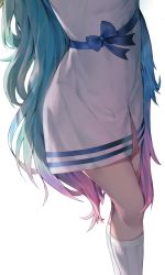 Rule 34 | 1girl, absurdres, andychen, aqua hair, blue bow, bow, dress, feet out of frame, gradient hair, head out of frame, highres, hololive, kneehighs, long hair, multicolored hair, pink hair, simple background, socks, solo, standing, uruha rushia, very long hair, virtual youtuber, white background, white dress, white socks
