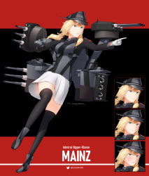 Rule 34 | 1girl, absurdres, black background, black thighhighs, blonde hair, blush, cannon, character name, commentary, english commentary, expressions, full body, gloves, green eyes, hat, highres, long sleeves, looking at viewer, looking away, military, military uniform, original, parted lips, peaked cap, personification, pointing, pointing forward, red background, rigging, ryan greythorn, short twintails, signature, skirt, smile, solo, thighhighs, torpedo tubes, turret, twintails, twitter username, two-tone background, uniform, white gloves, white skirt, world of warships, zettai ryouiki