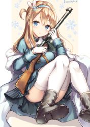 Rule 34 | 1girl, :o, beige background, blue eyes, blue hairband, blue jacket, blue skirt, blush, boots, breasts, brown footwear, character name, commentary request, convenient leg, fur-trimmed jacket, fur trim, girls&#039; frontline, gloves, gun, hair between eyes, hair ornament, hairband, hands up, head tilt, holding, holding gun, holding weapon, jacket, light brown hair, long sleeves, looking at viewer, medium breasts, name connection, object namesake, one side up, parted lips, pleated skirt, sakura ani, sitting, skirt, snowflake hair ornament, snowflakes, solo, striped clothes, striped skirt, submachine gun, suomi (girls&#039; frontline), suomi kp/-31, thighhighs, two-tone background, vertical-striped clothes, vertical-striped skirt, weapon, white background, white gloves, white thighhighs