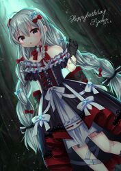 Rule 34 | 1girl, :o, bare shoulders, black dress, blush, bow, braid, brooch, choker, dress, feet out of frame, food-themed hair ornament, frilled dress, frills, gloves, grey eyes, grey hair, hair between eyes, hair bow, hair ornament, happy birthday, highres, hoshi syoko, idolmaster, idolmaster cinderella girls, jewelry, lace, lace gloves, long hair, looking at viewer, marieshi, multicolored clothes, multicolored dress, multiple hair bows, mushroom hair ornament, red ribbon, ribbon, ribbon choker, scar, smile, solo, twin braids, very long hair