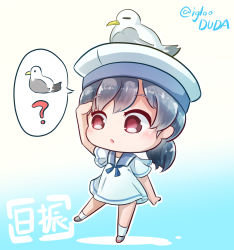 Rule 34 | 1girl, asimo953, bird, black hair, blue sailor collar, blush, chibi, commentary request, dress, hair between eyes, hat, hiburi (kancolle), highres, kantai collection, low ponytail, open mouth, ponytail, red eyes, sailor collar, sailor dress, sailor hat, seagull, short hair, short sleeves, simple background, socks, solo, standing, white dress, white hat, white socks